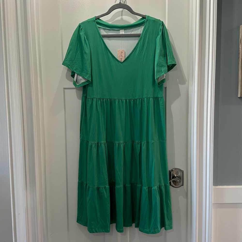 NWT Pink Daisy Green Midi Dress V Neck Size Large